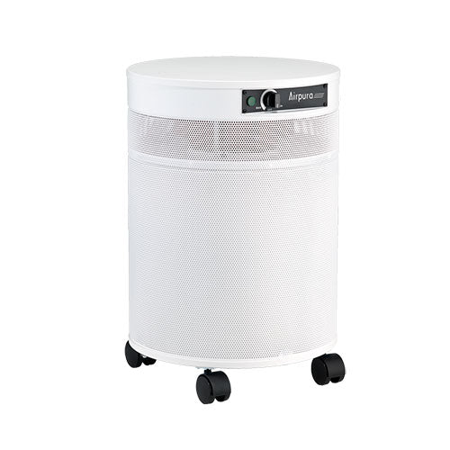 Airpura-branded cylindrical purifier on casters; exact model unconfirmed.