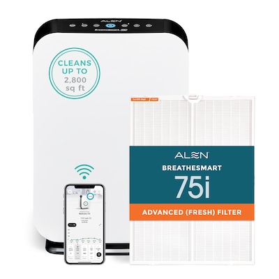 Alen BreatheSmart 75i promotional composite with filter and app illustration; model named in image. Embedded 2,800 sq ft claim is unverified marketing and differs from dossier coverage figures.